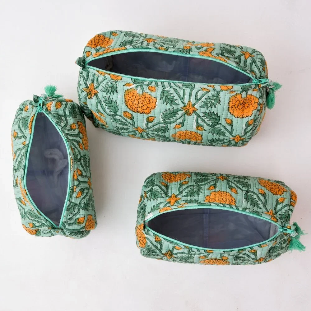 Cotton Toiletry Bag Floral Print Light Green Color Toiletry Bag Pack 3 For Women